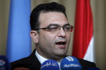 Minister of Migration and Displacement Jassim Mohammed al-Jaff delivers a joint statement to the media with U.N. humanitarian coordinator in Iraq Lise Grande in Baghdad