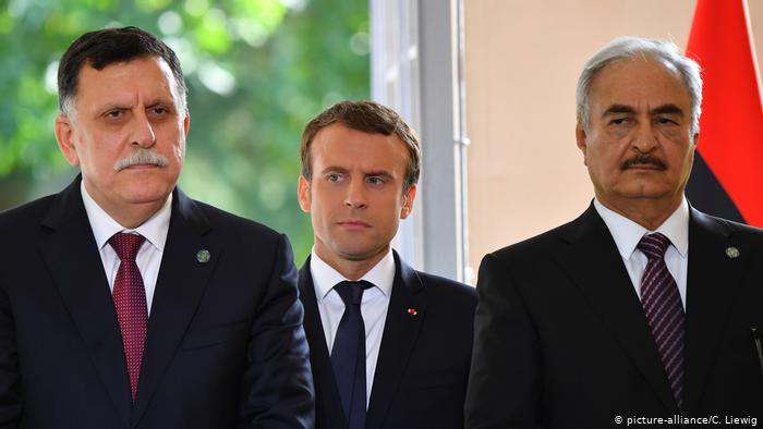 Emmanuel Macron, Fayez al Sarraj y Khalifa Haftar