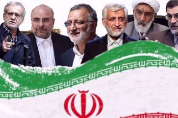 De izquierda a derecha, assoud Pezeshkian, Mohammad Baqer Qalibaf, Alireza Zakani, Saïd Jalili, Mostafa Pourmohammadi y Amir-Hossein Qazizadeh Hashemiqui